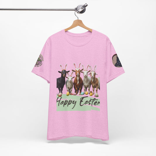 Cute Easter goat t-shirt with spring design – Unisex short sleeve tee for farm lovers by Appalachian Farmstead Pink