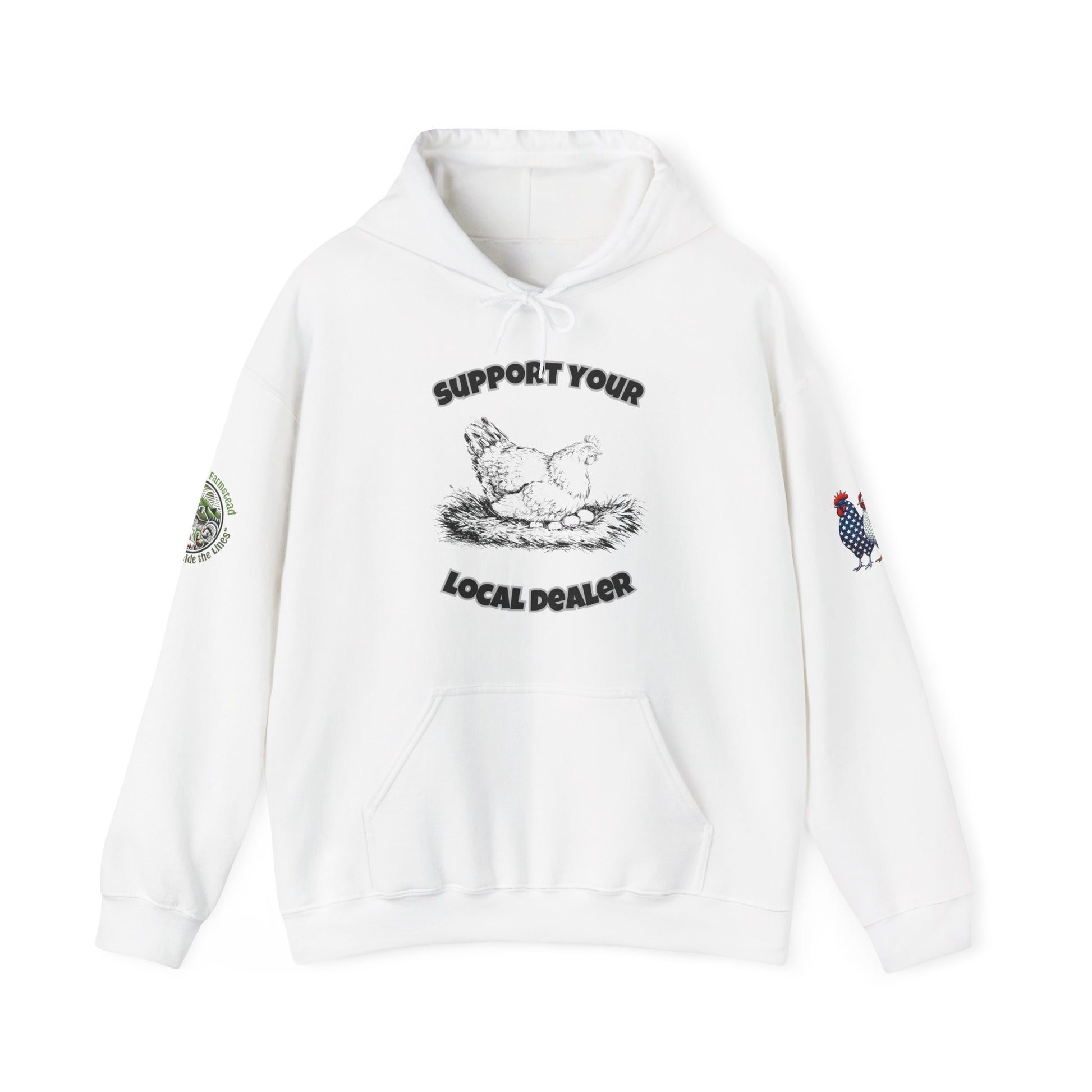Funny chicken hoodie with 'Support Your Local Dealer' farm humor design White