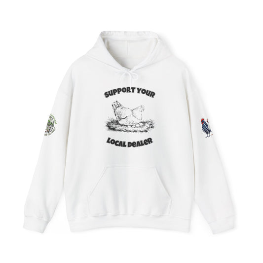 Funny chicken hoodie with 'Support Your Local Dealer' farm humor design White