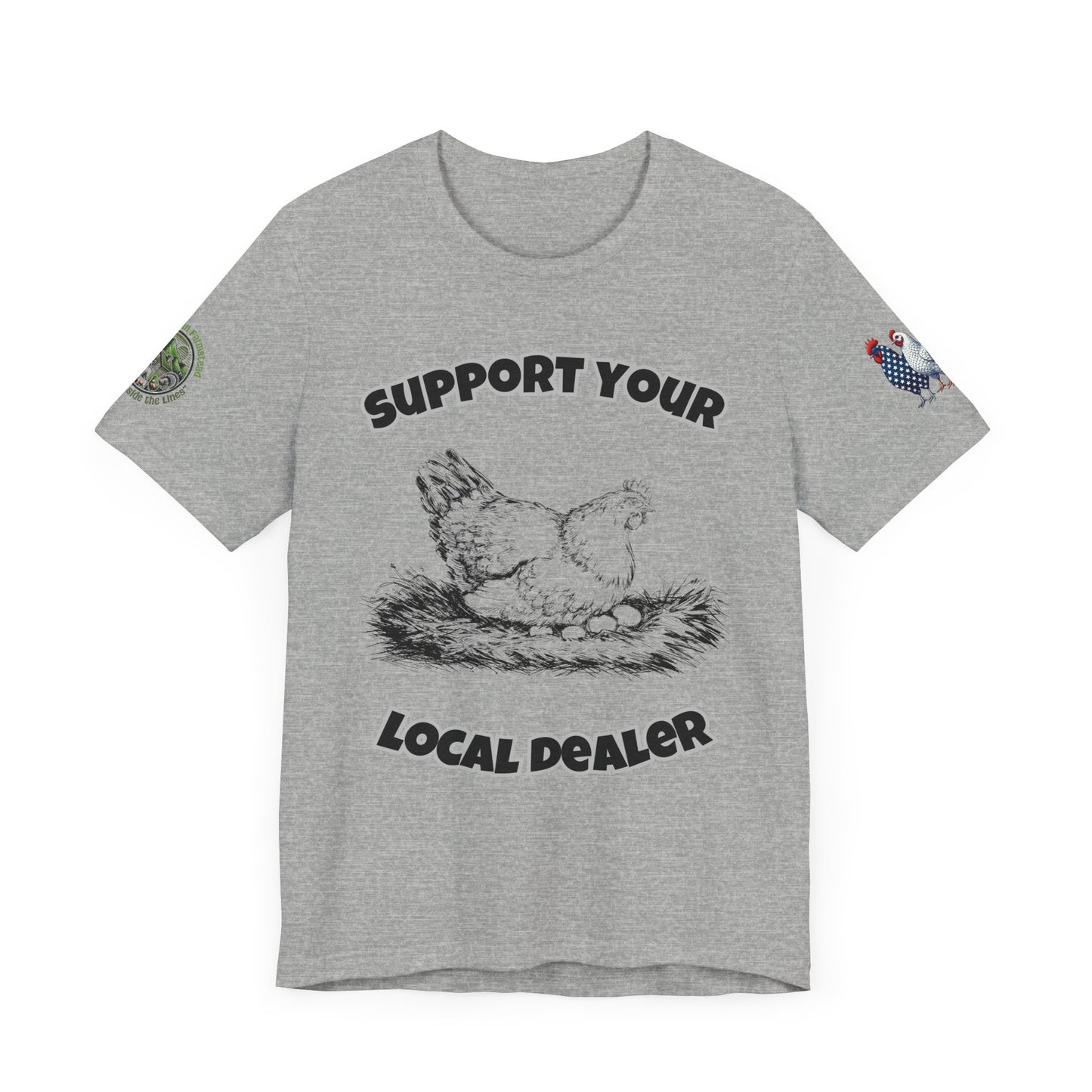 Funny farm t-shirt with 'Support Your Local Dealer' slogan and chicken graphic – Unisex country lifestyle tee by Appalachian Farmstead Athletic Grey