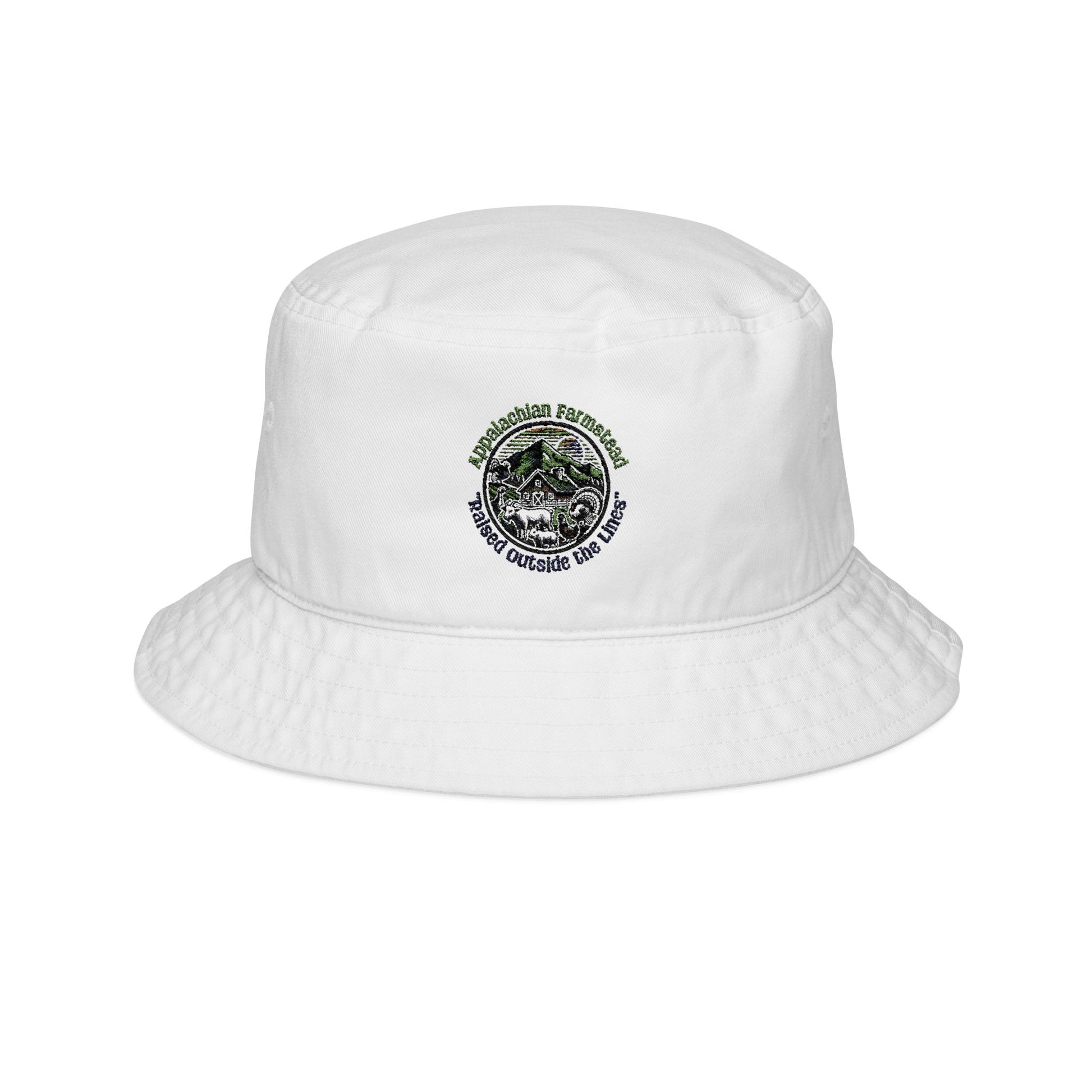Hand-embroidered bucket hat White - outdoor adventures and farm life