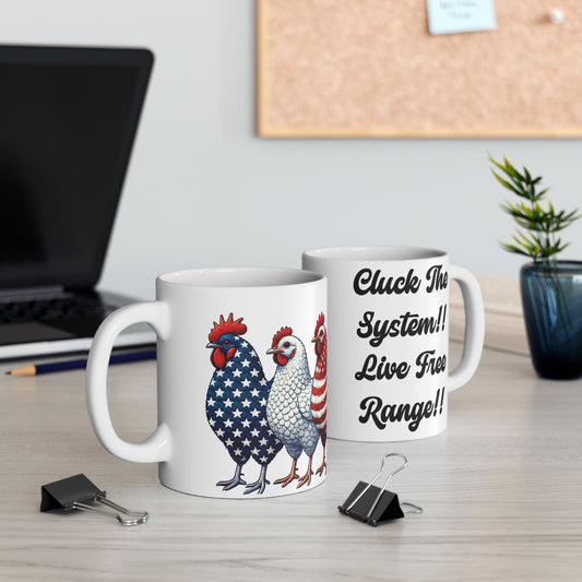 Patriotic chicken coffee mug with red, white and blue farm design
