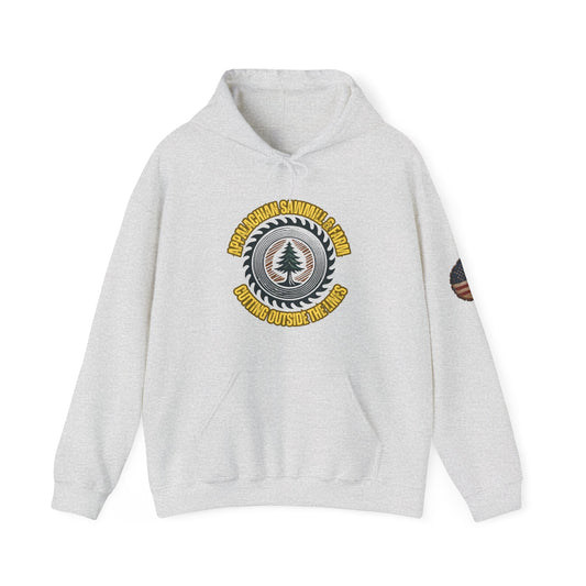 Patriotic hoodie with American flag and Appalachian Sawmill & Farm round logo white