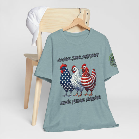 Unisex 'Cluck the System, Live Free-Range' T-shirt – Rebel farm lifestyle shirt from Appalachian Farmstead Heather Blue