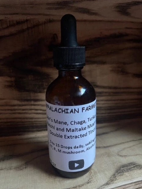 2 ounce bottle of Lions Mane, Chaga, Turkey Tail, Reishi and Maitake Mushroom Double Extracted Tincture.